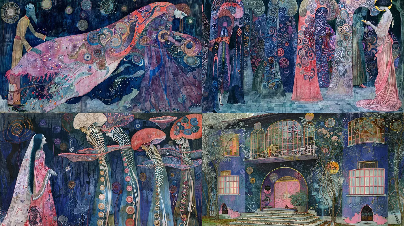 Ethereal Dreamscape: A Fusion of Art Nouveau Elegance and Mythical Fantasy - Midjourney sref style