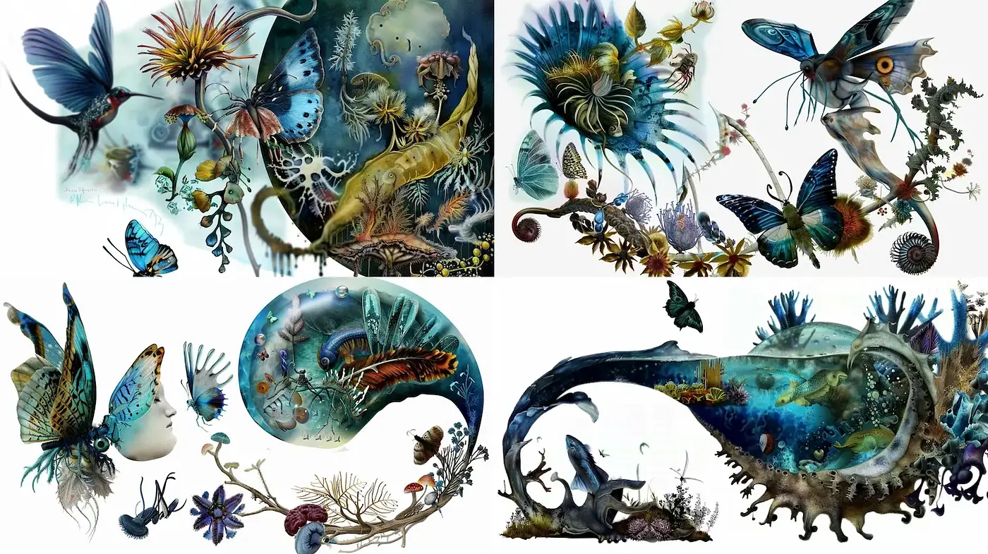 Enigmatic Flora and Fauna Fusion with Elemental Aquatic Undertones - Midjourney sref style