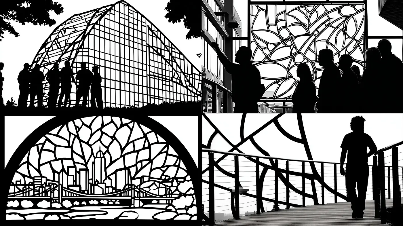 Contemporary Black and White Silhouette Art with Architectural Elements - Midjourney sref style