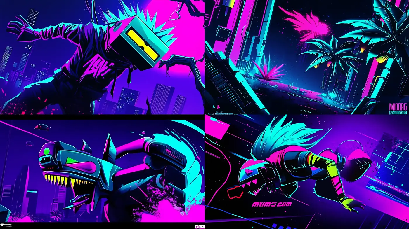 Neon Cyberpunk Dreamscape: A Vibrant Intersection of Digital Fantasy and Surreal Futurism - Midjourney sref style