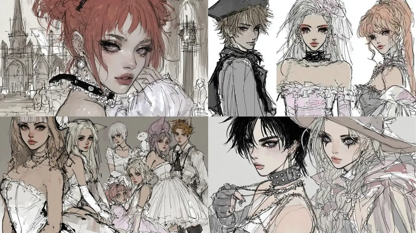 Elegant Gothic Lolita-inspired illustrations with nuanced character details and subdued backgrounds - Midjourney sref style