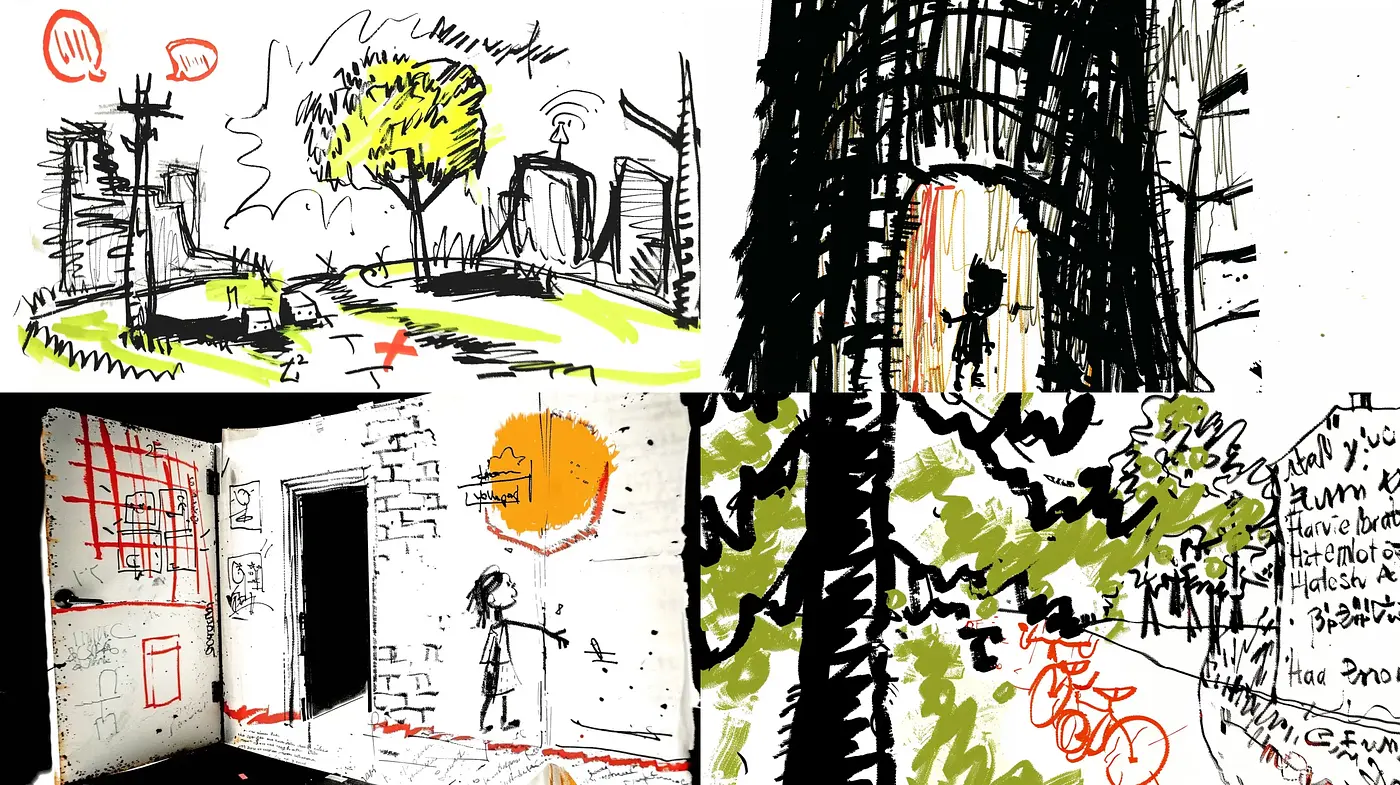 Sketchbook Impressions: A Fusion of Vivid Ink and Whispered Solitude - Midjourney sref style