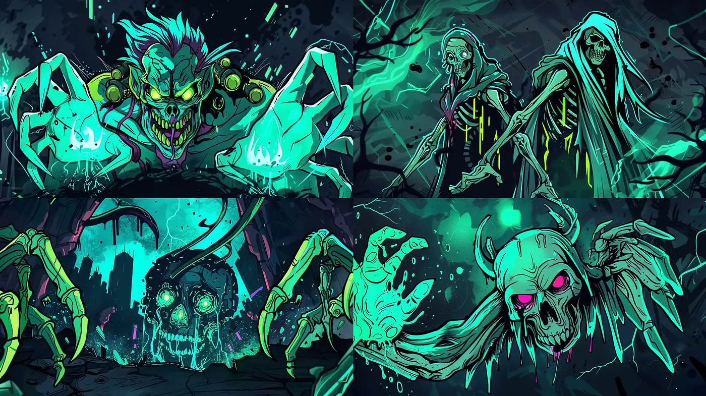 Ghoulish Neon Nightmare: A Vibrant Synthesis of Horror and Cyberpunk - Midjourney sref style