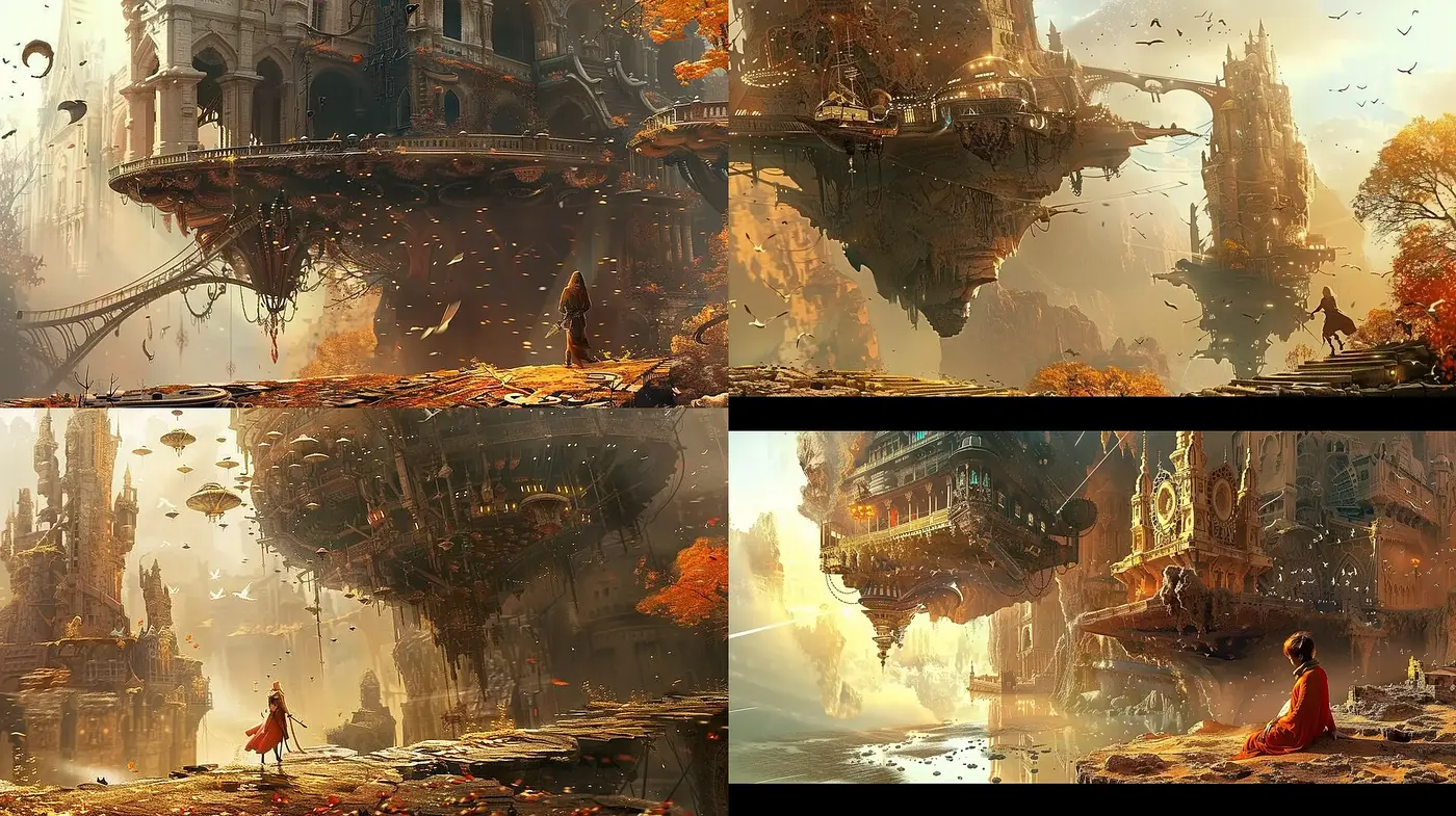 Ethereal Autumn Dreamscape with Floating Architecture and Enigmatic Figures - Midjourney sref style