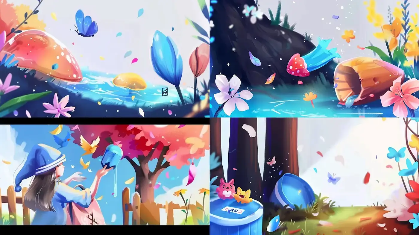 Whimsical and Vibrant Nature Scenes with Playful Elements - Midjourney sref style