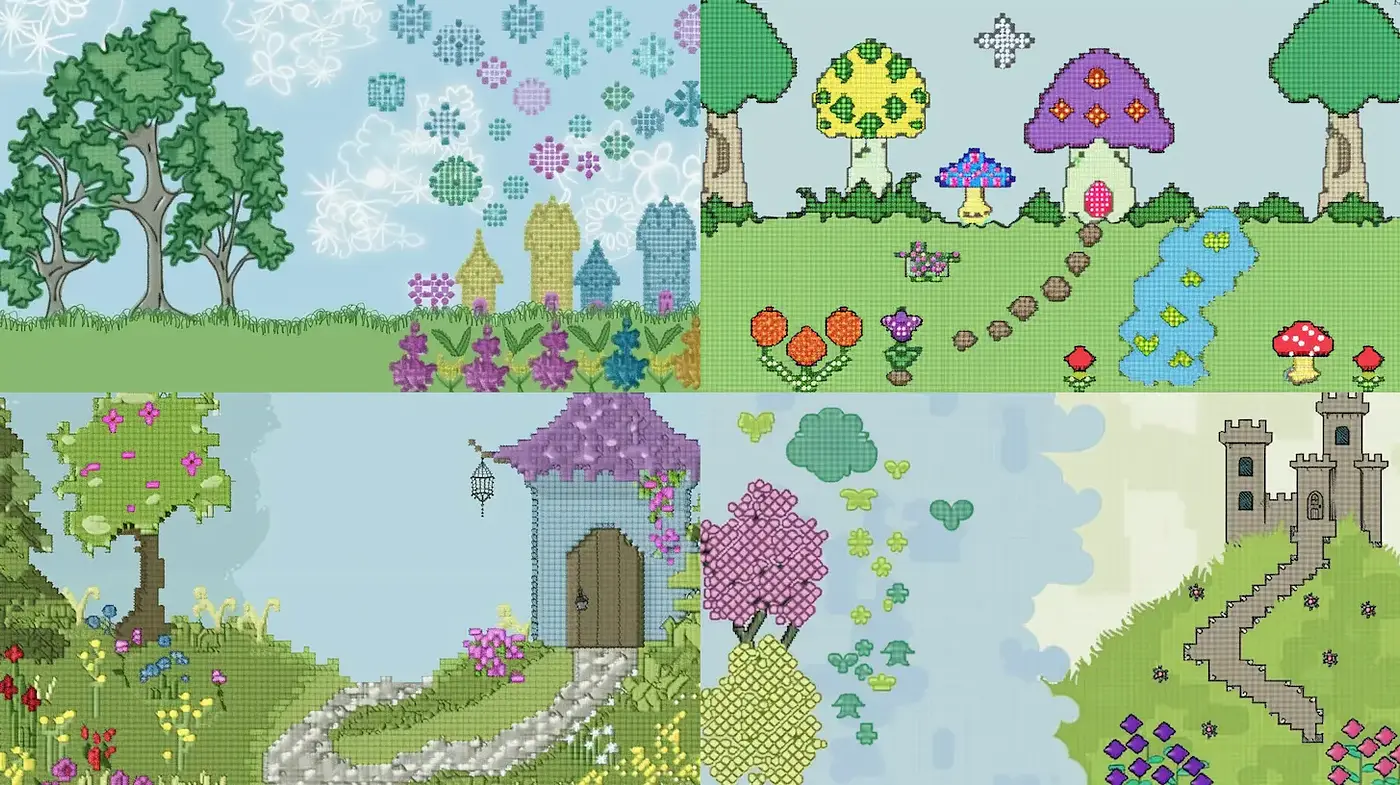 Whimsical Pixel Art Landscapes with a Vibrant Fantasy Feel - Midjourney sref style