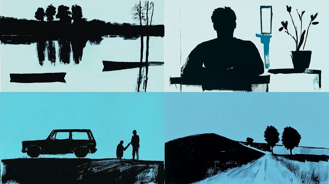 Monochromatic Blue Silhouette Narrative - Midjourney sref style