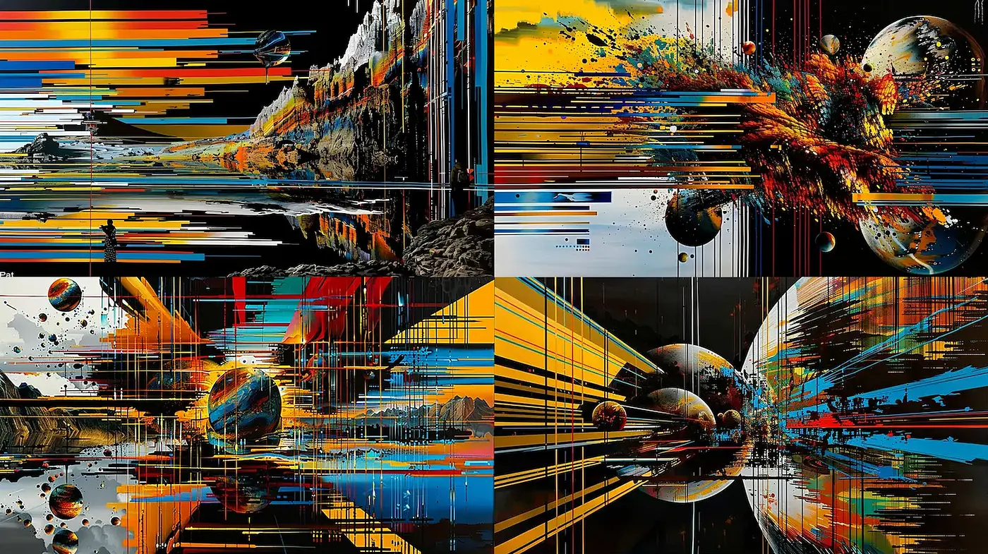 Futuristic and Abstract Cosmic Landscapes with Dynamic Color Play - Midjourney sref style