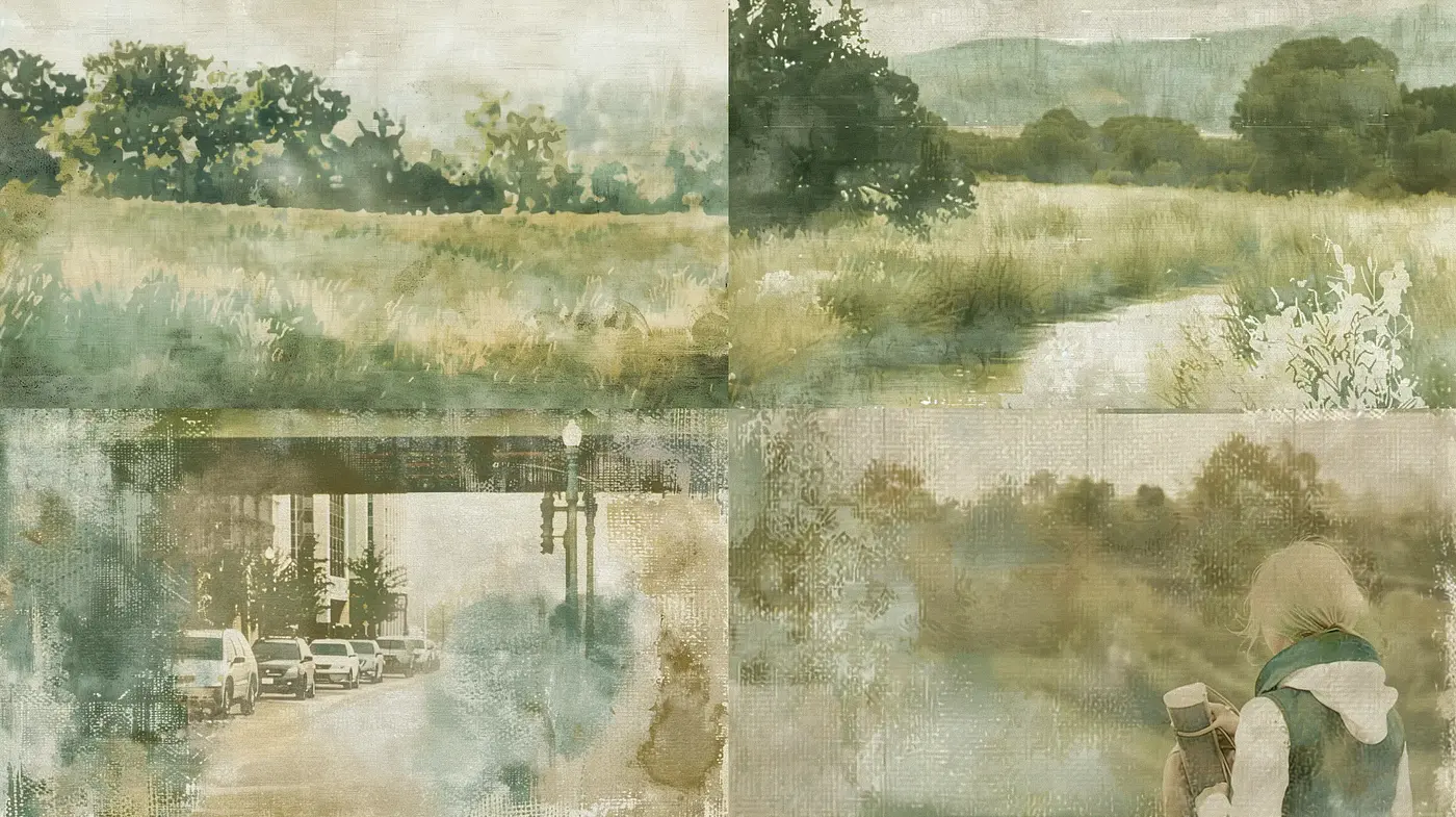 Aged Pastoral Watercolors: Evoking the Essence of Timeless Rural Scenes - Midjourney sref style