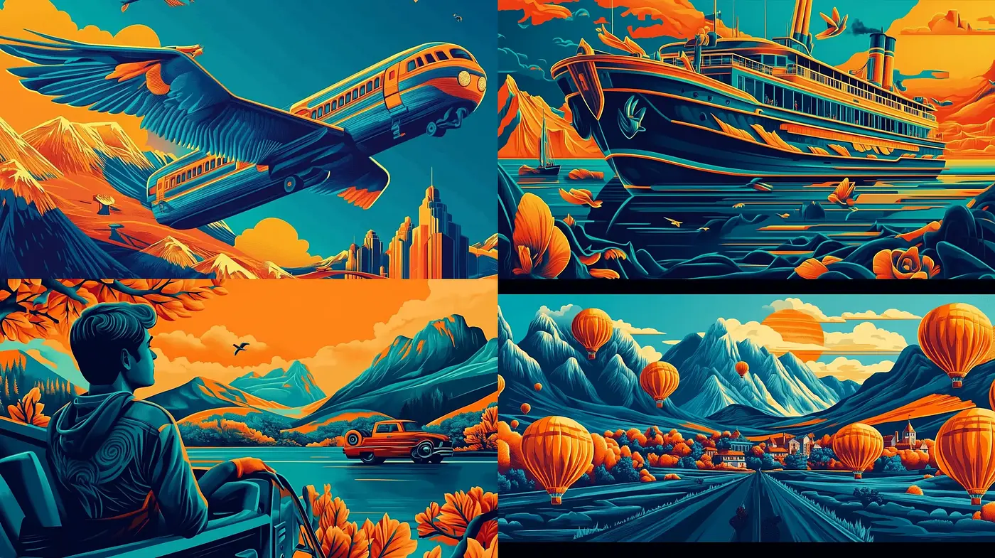 Vibrant Retro Travel Dreamscape with a Futuristic Twist - Midjourney sref style