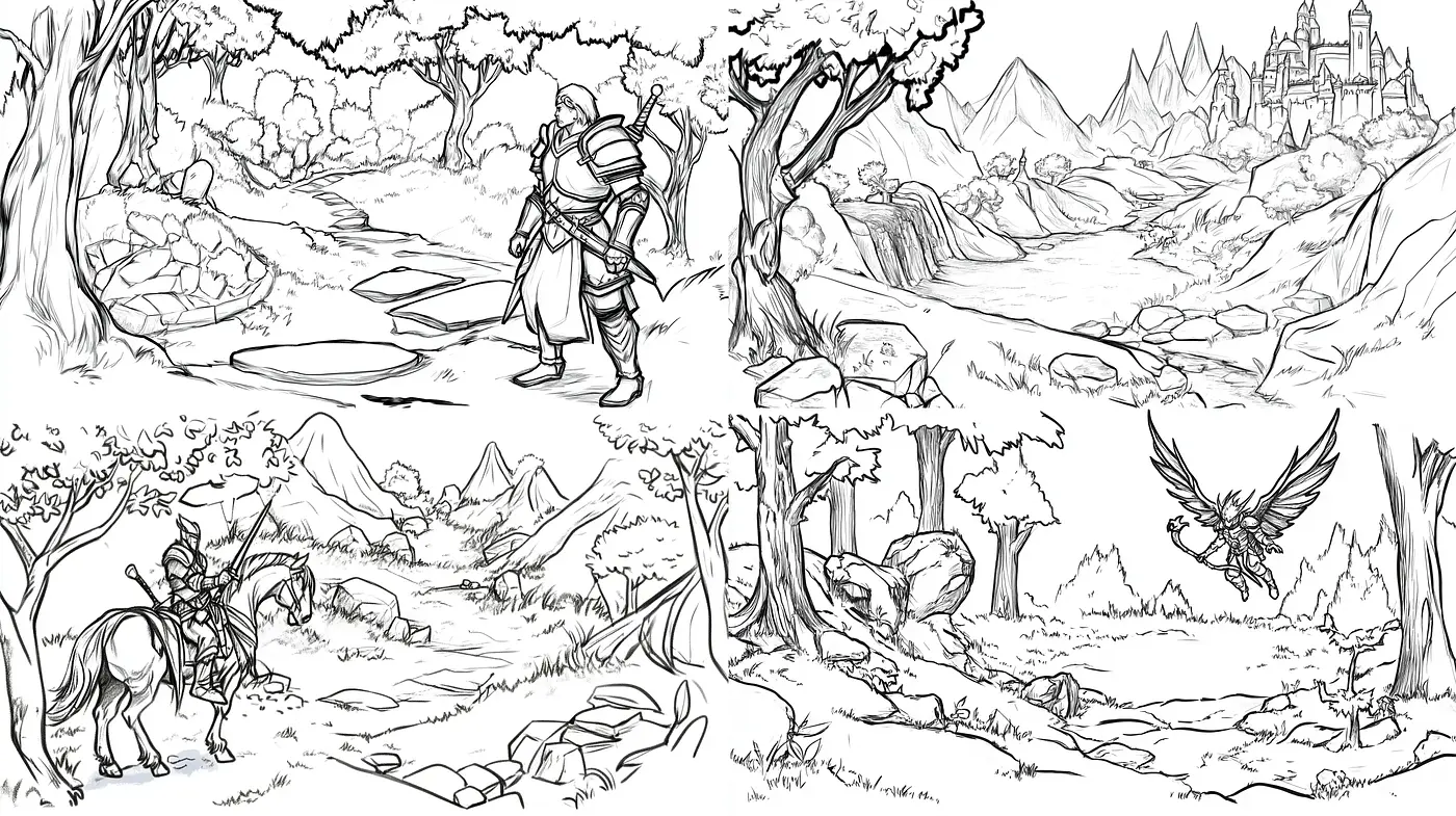 Monochromatic Fantasy Sketches with a Medieval Ambience - Midjourney sref style