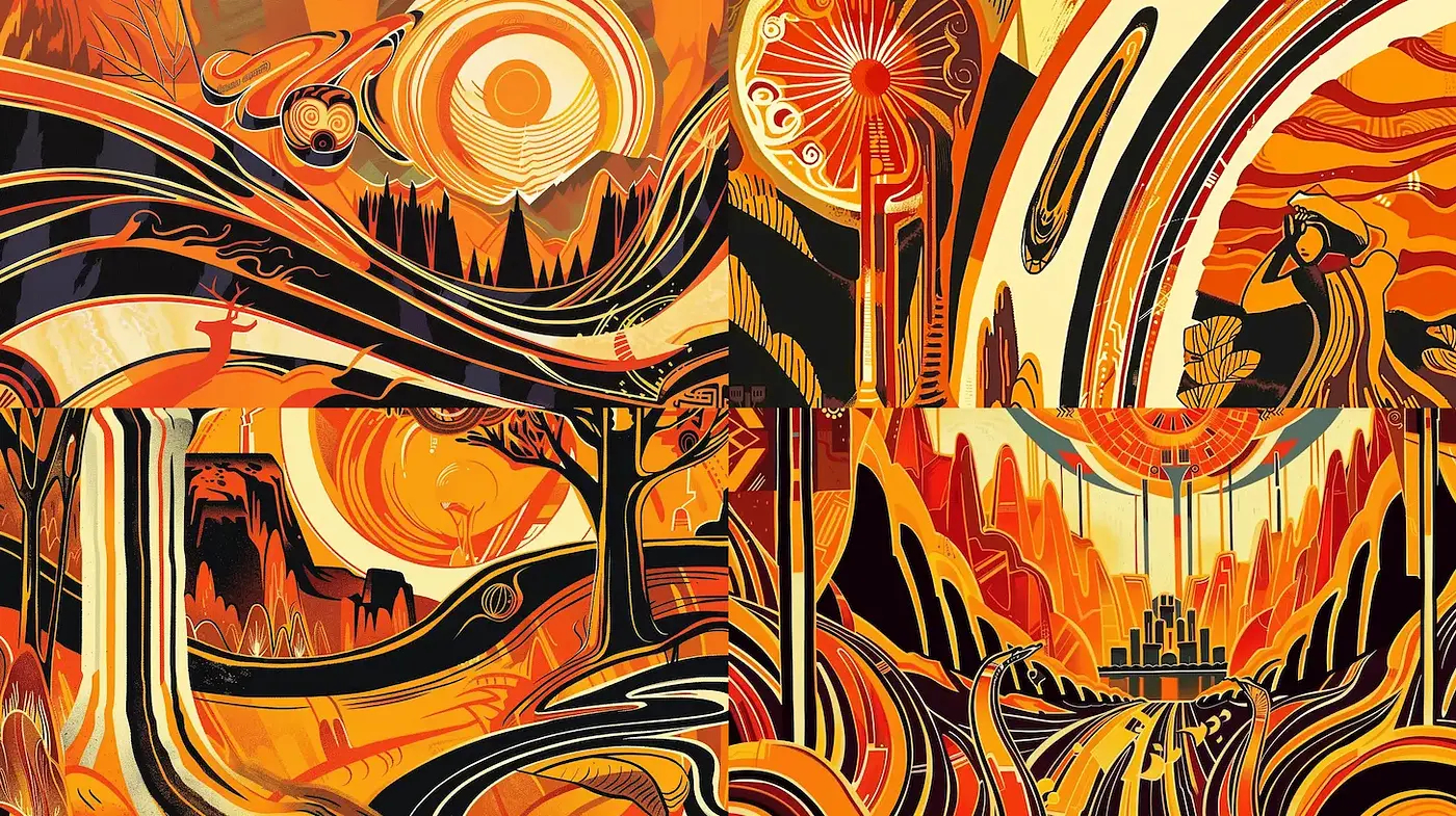 Bold and Dynamic Geometric Illustrations with a Warm Palette - Midjourney sref style