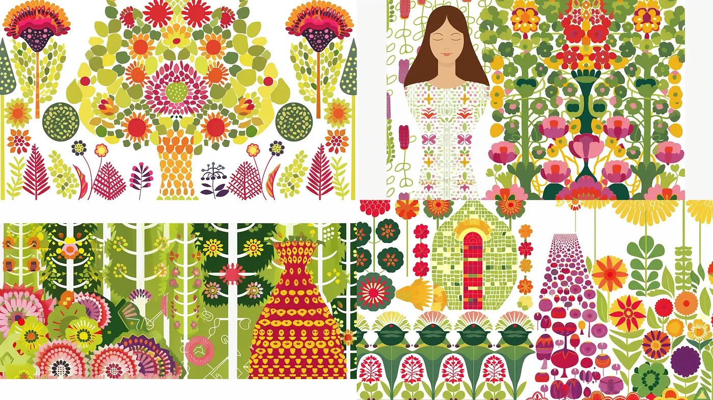 Eclectic Garden Tapestry: A Melange of Floral Abundance and Folk Artistry - Midjourney sref style