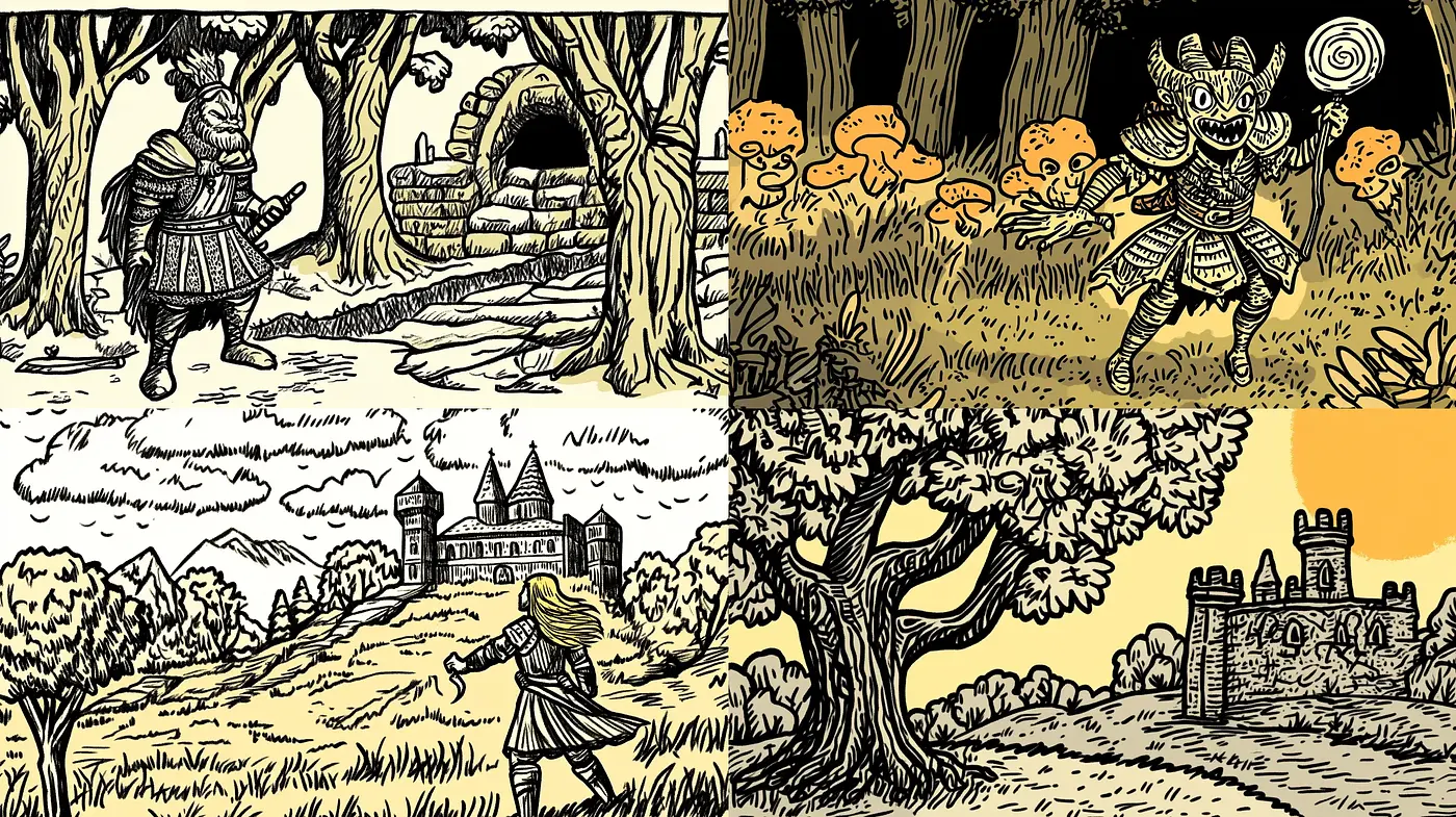 Whimsical Inked Fables: A Consistent Hatched Tapestry of Stylized Mythos - Midjourney sref style