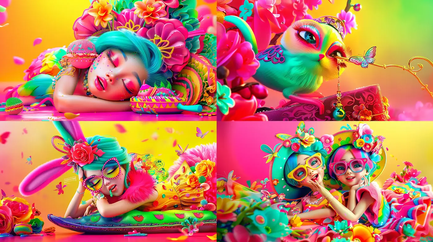 Surreal Candy Dreamscape: A Fantastical Fusion of Vivid Colors and Floral Overtones - Midjourney sref style