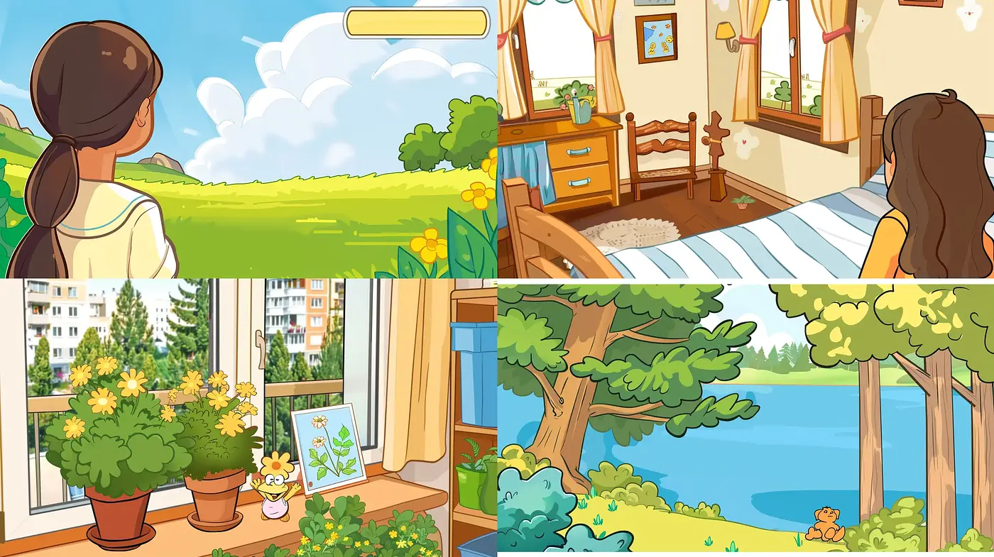 Serene and Bright Illustrated Vistas with Consistent Storybook Charm - Midjourney sref style