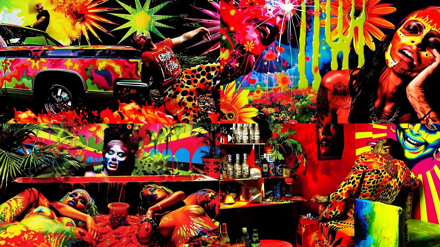 Psychedelic Carnival of Vivid Contrasts and Hyperrealism - Midjourney sref style