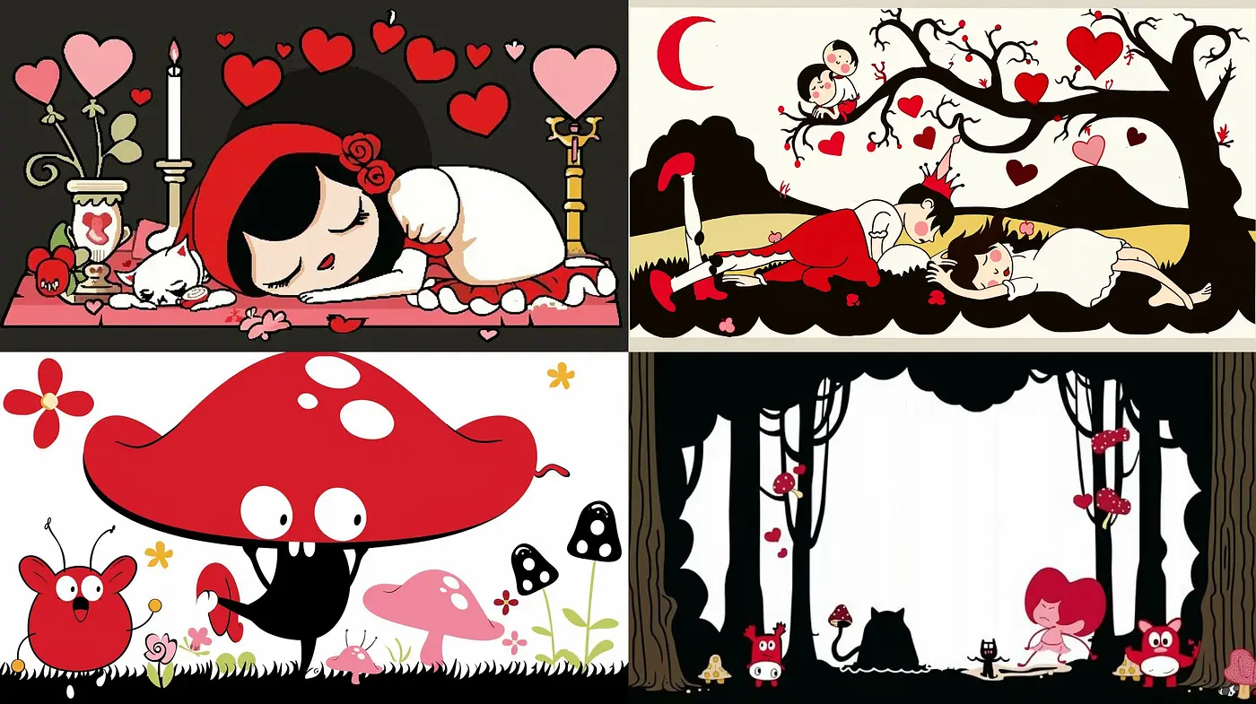 Monochromatic Whimsy: A Consistent Dance of Reds and Blacks in Storybook Charm - Midjourney sref style
