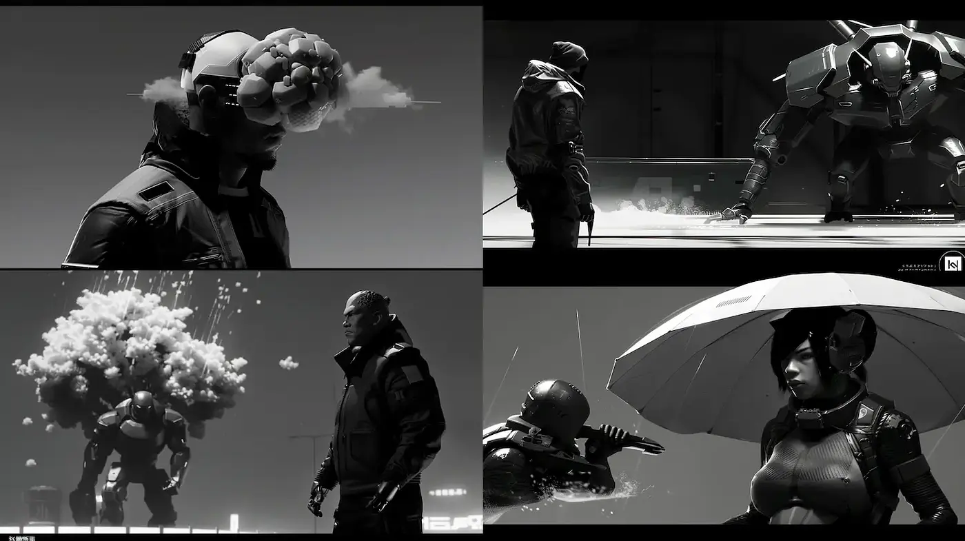 Futuristic monochrome scenes with distinct character and dramatic elements - Midjourney sref style