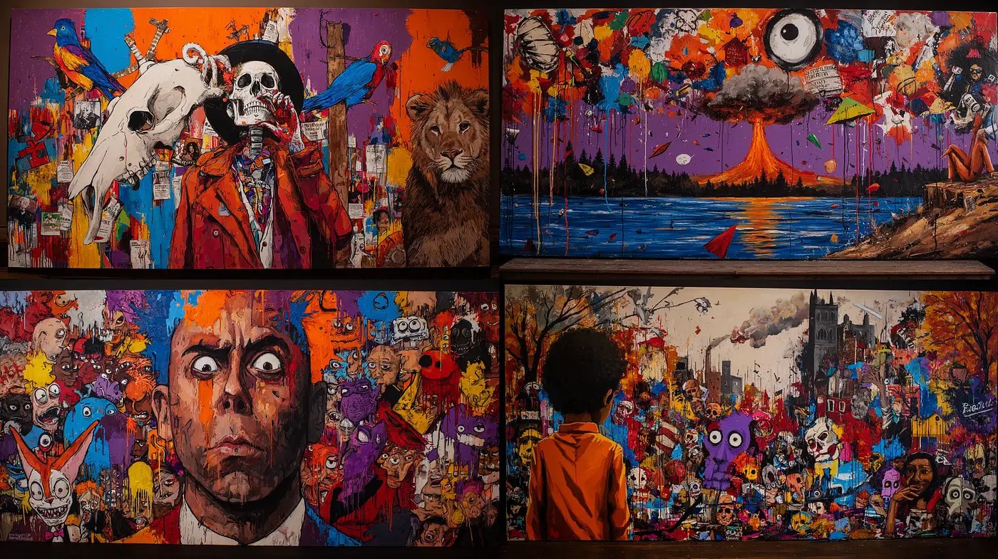 Vibrant and Eclectic Urban Art Style with Surreal Elements - Midjourney sref style