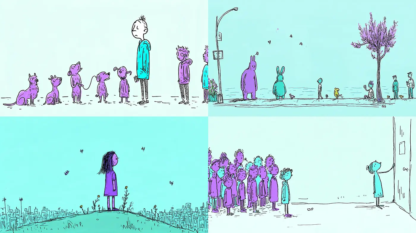 Playful yet introspective whimsical illustrations with a consistent color story - Midjourney sref style