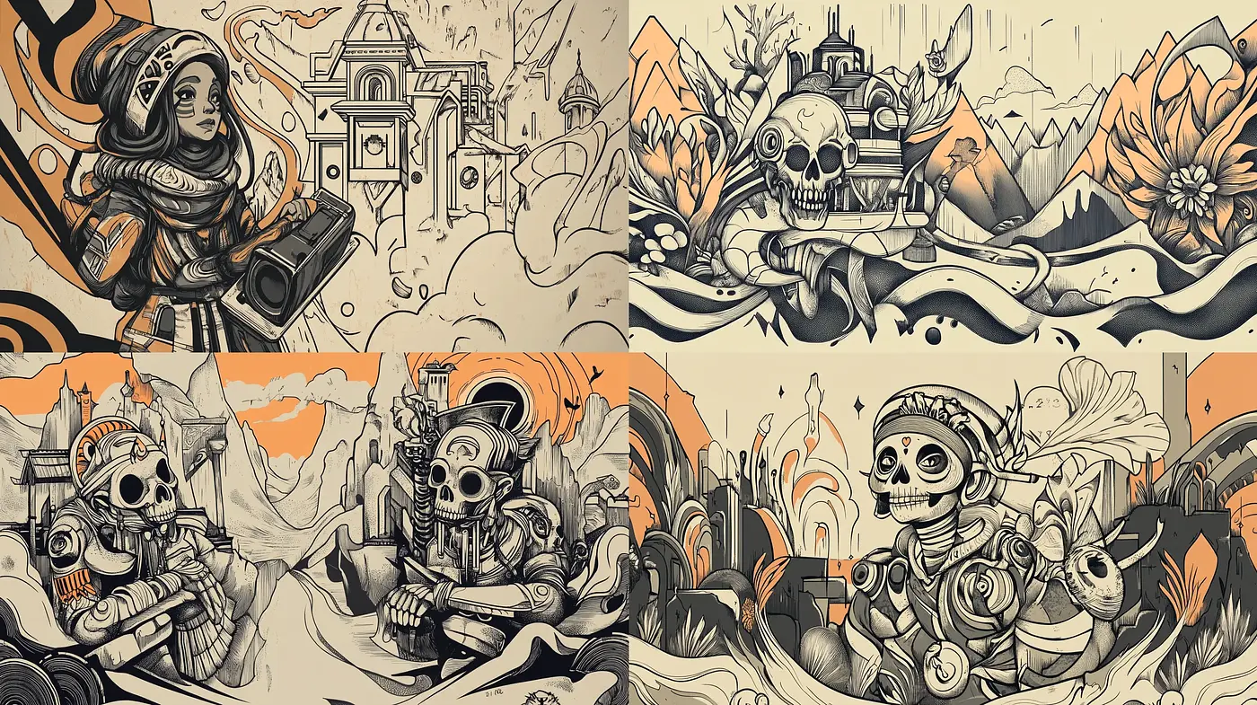 Monochromatic SteamPunk Cartoons Embracing Nostalgia - Midjourney sref style