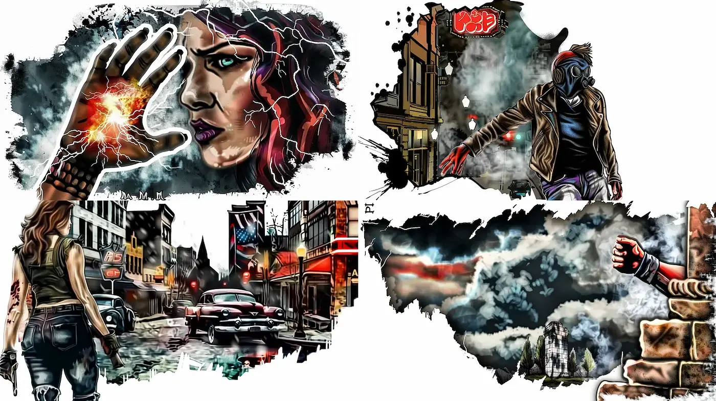 Dynamic Urban Surrealism with a Vintage Comic Book Aesthetic - Midjourney sref style