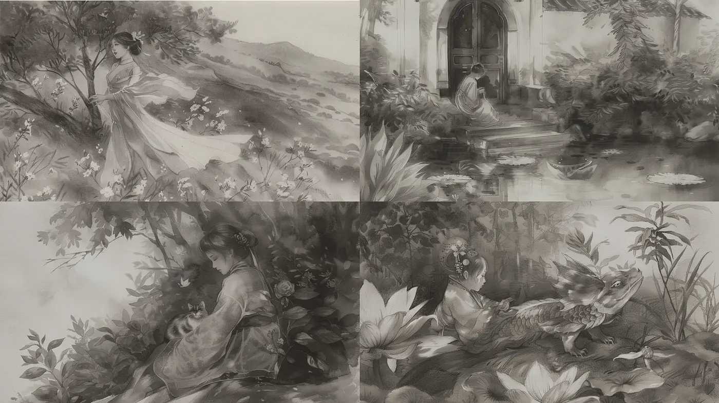 Monochromatic Pastoral Elegance in Ink Wash Illustrations - Midjourney sref style