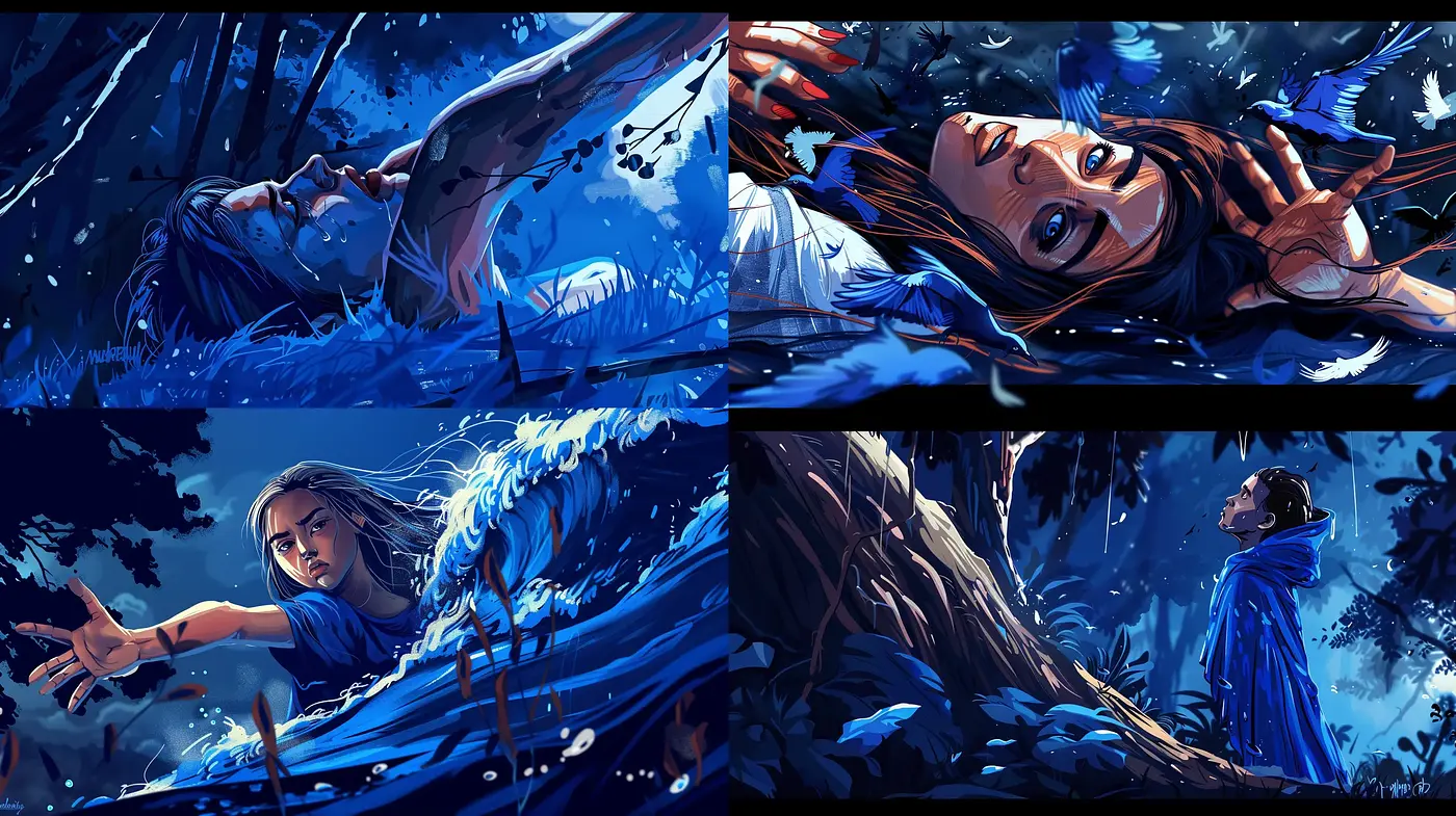 Enigmatic Blue Hues in Dynamic Brushwork Vignettes - Midjourney sref style