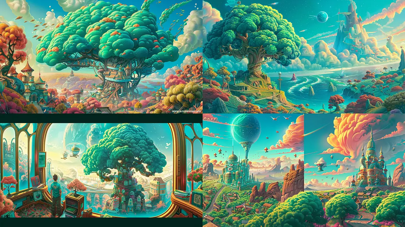 Surrealistic Dreamscapes Blended with Vibrant Art Nouveau Influences - Midjourney sref style