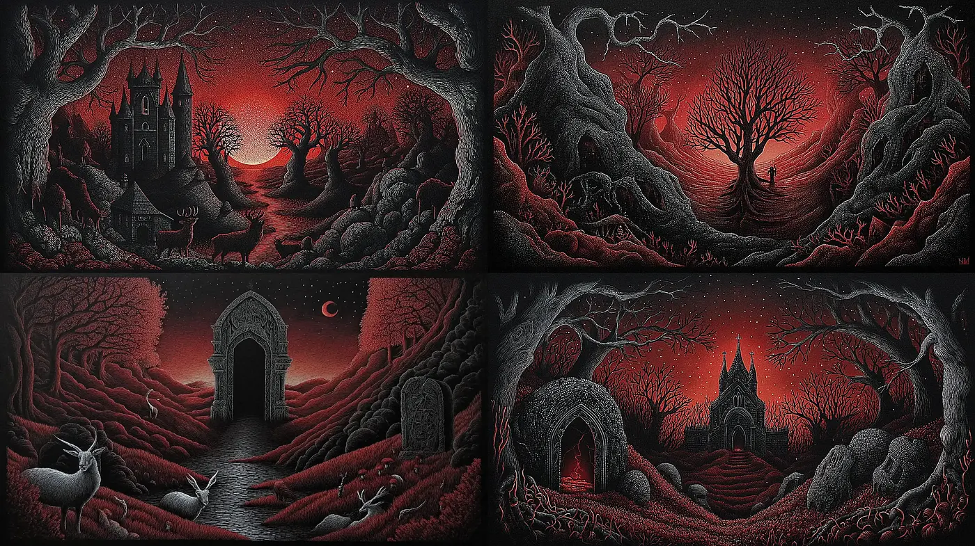 Dark and Atmospheric Landscapes with Eerie Elements - Midjourney sref style
