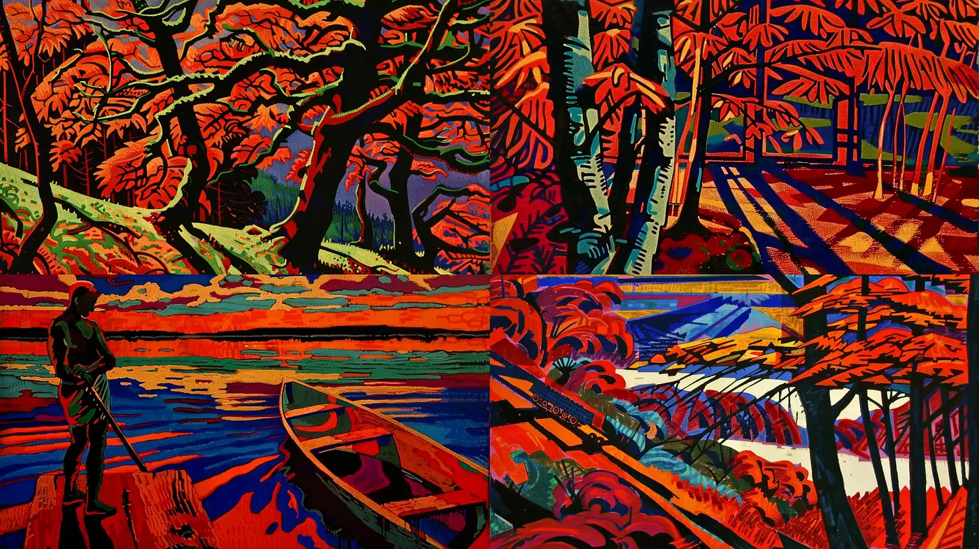 Expressive Chromatic Linework in Nature-Inspired Tableaux - Midjourney sref style
