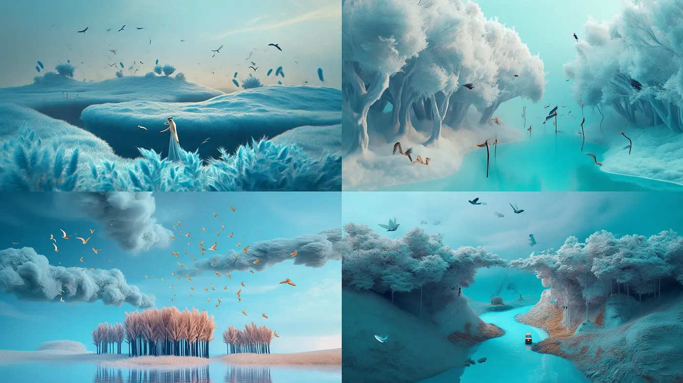 Ethereal Dreamscape Serenity - A Consistent Vision of Surreal Nature Across Four Tableaus - Midjourney sref style