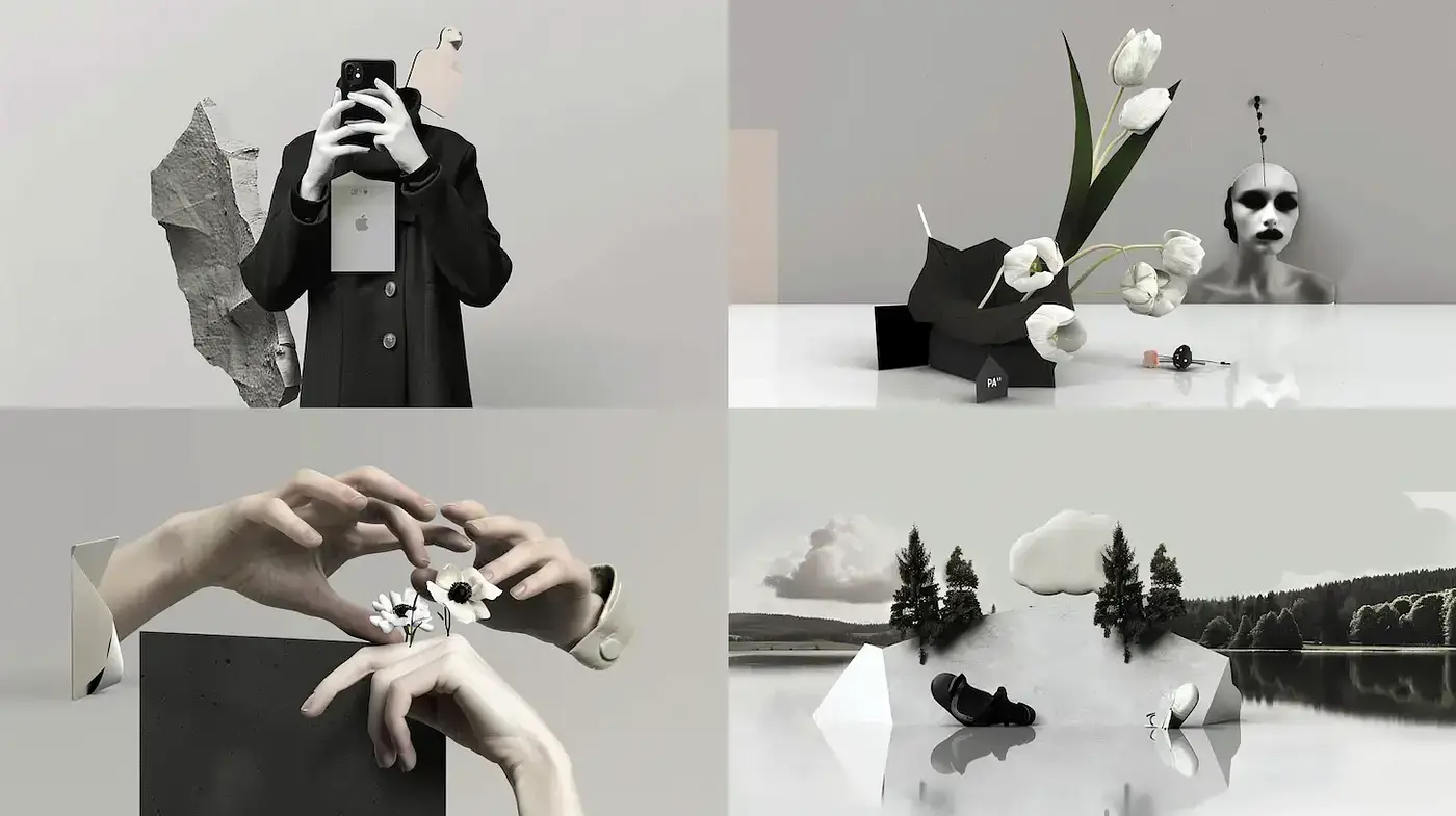 Monochromatic Surrealism with Photorealistic Overtones - Midjourney sref style