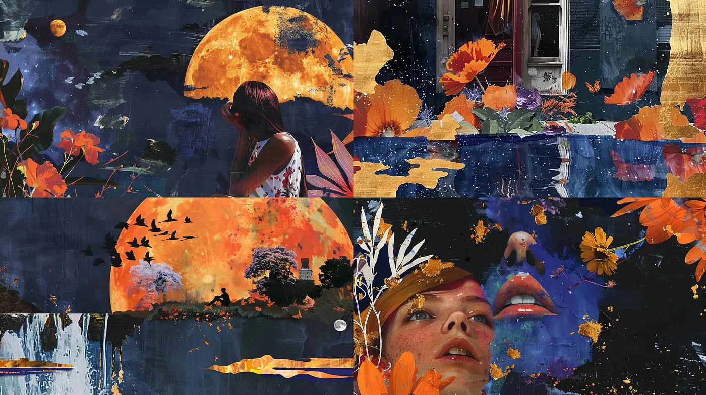 Twilight Serenade in Orange Blossoms: A Dreamy Collage of Nature and Emotion - Midjourney sref style