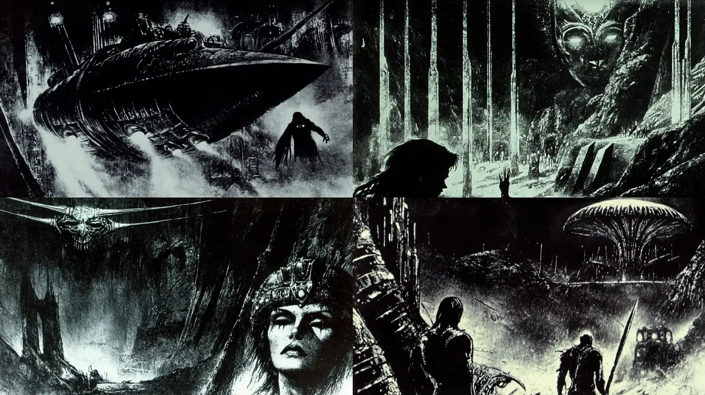 Ethereal Nocturnal Dreamscape: A Homage to Surrealist Sci-Fi - Midjourney sref style