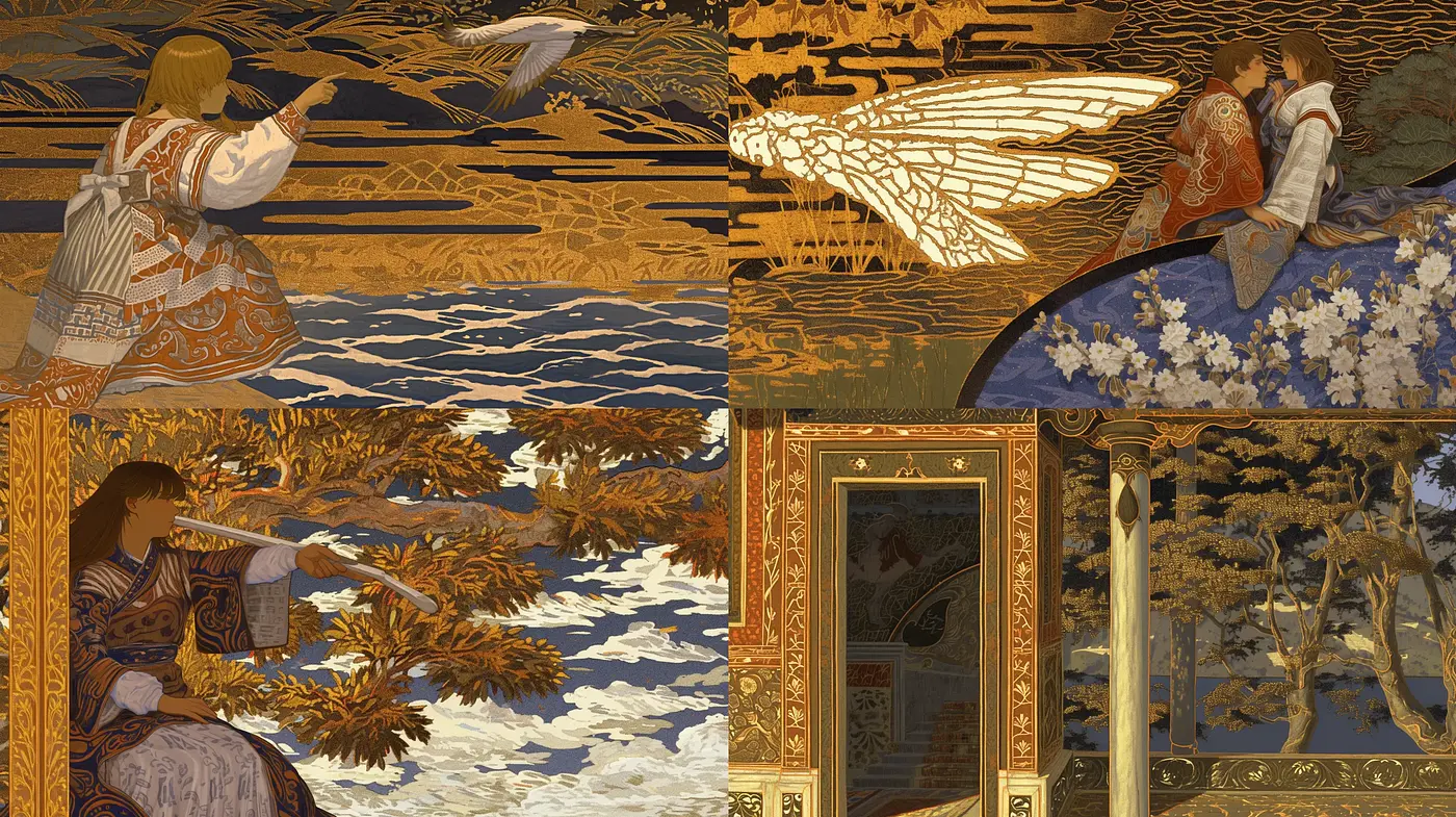 Golden Epoch Echoes: A Journey Through Stylized Gilded Artistry - Midjourney sref style