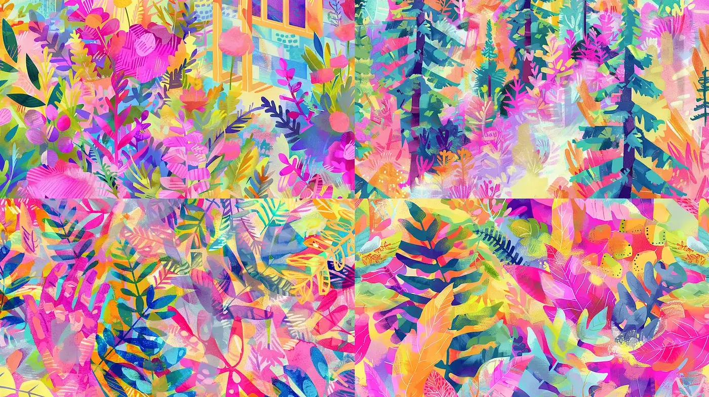 Vibrant and Lush Tropical Landscape with Abstract Elements - Midjourney sref style