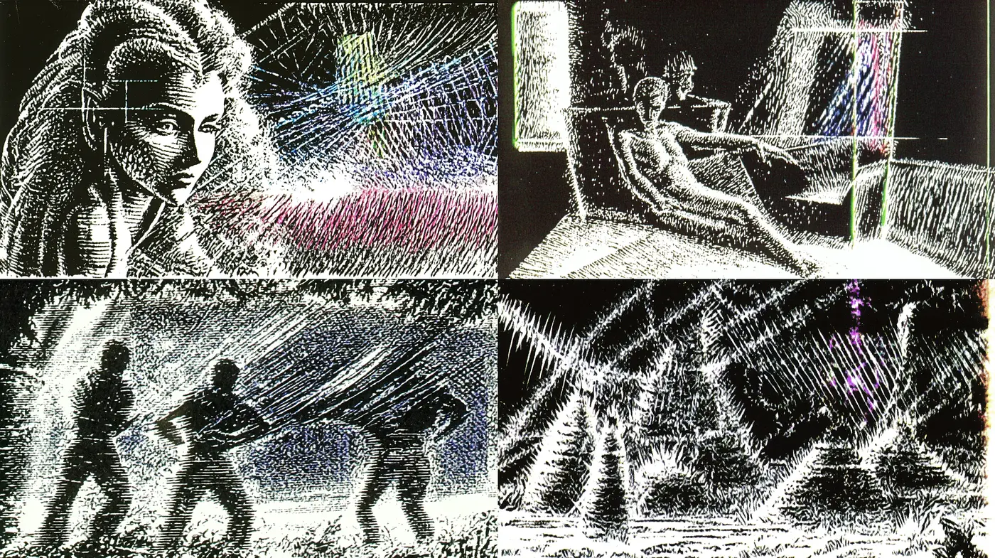 Starry Hatched Dreamscape in Monochromatic Magic - Midjourney sref style
