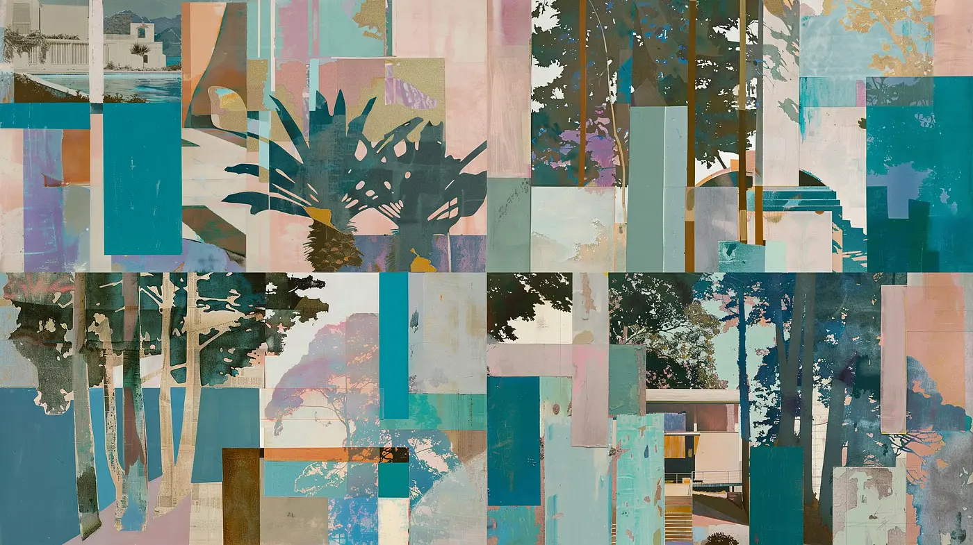 Serene Patchwork of Aquatic Hues and Botanical Silhouettes - Midjourney sref style