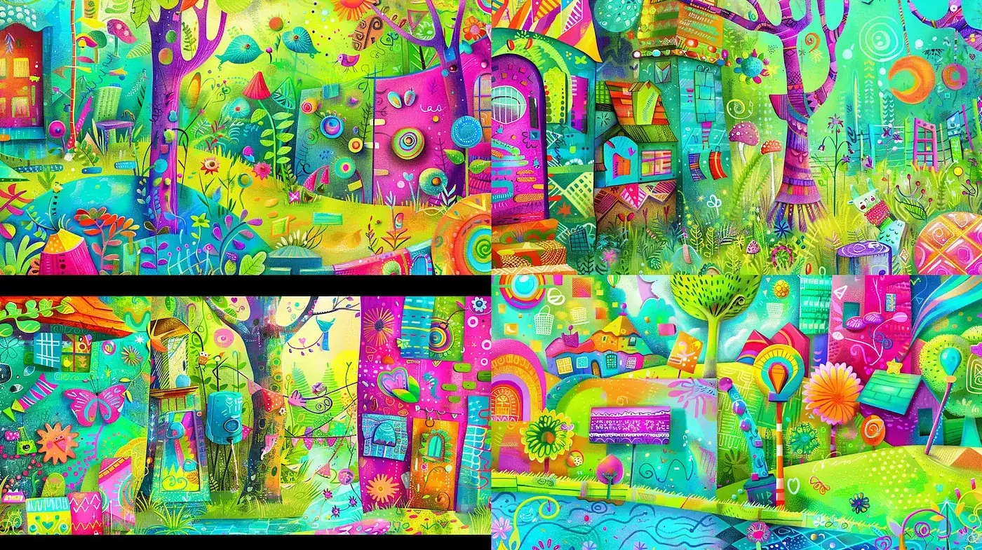 Vibrant and Whimsical Landscape with Surreal Elements - Midjourney sref style