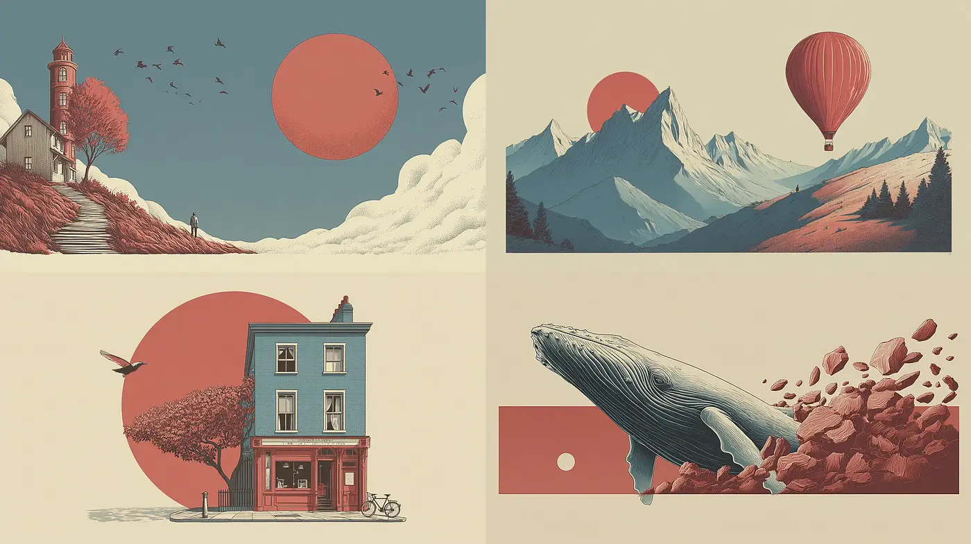 Surreal and minimalist landscapes with bold graphical elements - Midjourney sref style