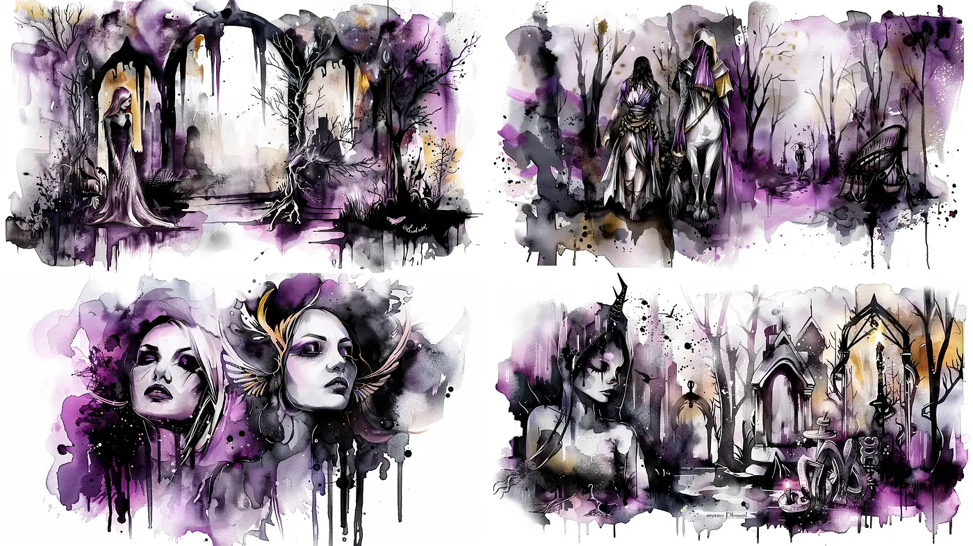 Ethereal Gothic Watercolor Dreamscapes - Midjourney sref style