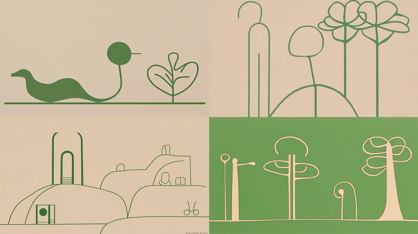 Green-Toned Minimalist Contour Illustrations - Midjourney sref style
