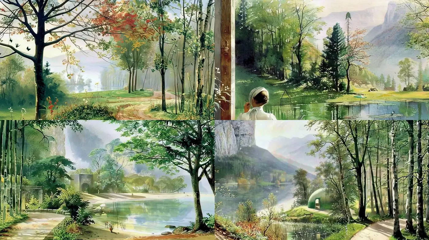 Tranquil Nature's Embrace with Pastoral Warmth and Ethereal Lightness - Midjourney sref style