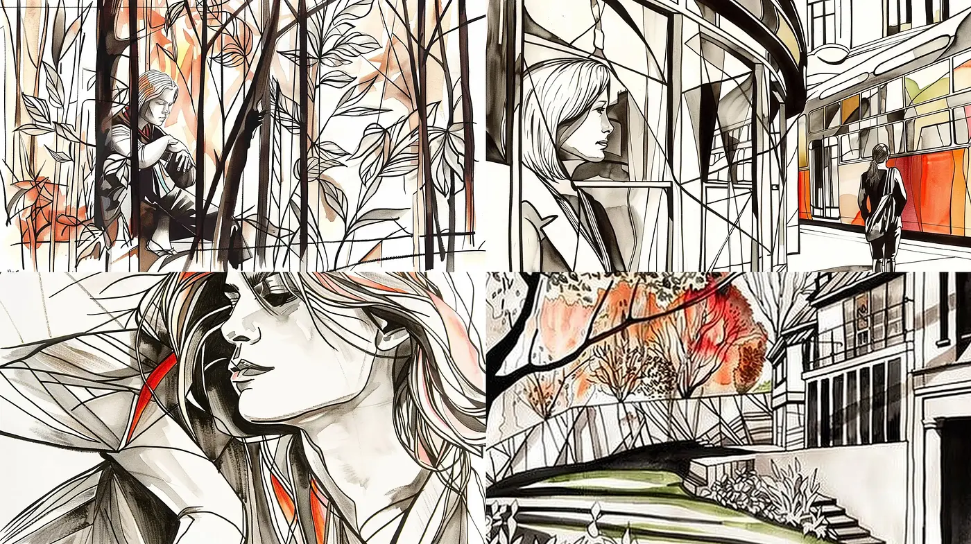 Monochromatic Elegance with Hints of Vermilion: A Fusion of Modern and Graphic Novel Artistry - Midjourney sref style