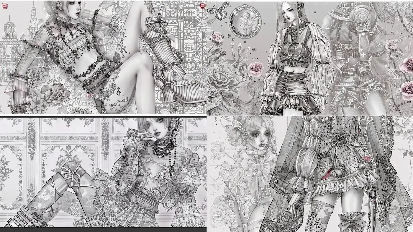 Intricate and Floral Fashion Illustrations with a Monochromatic Palette - Midjourney sref style