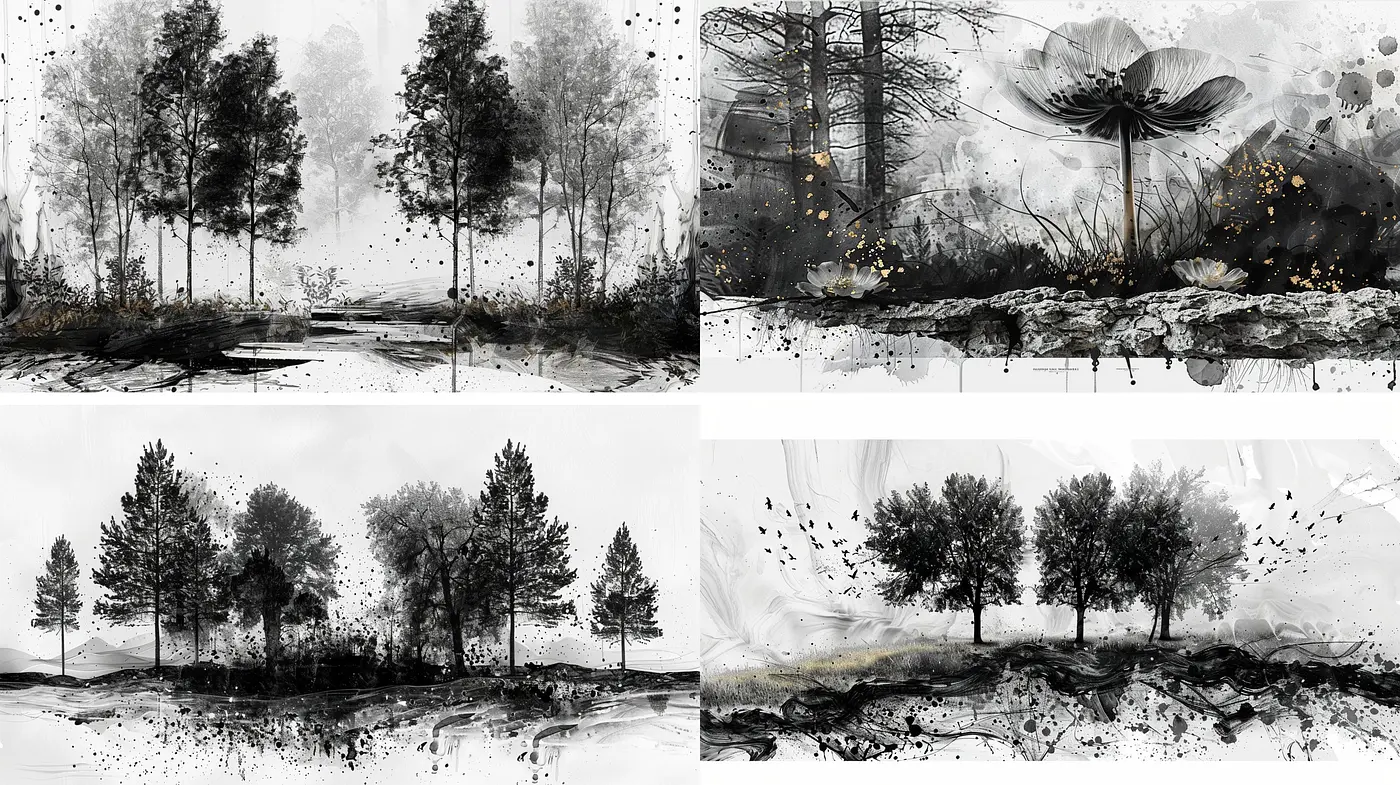 Monochromatic Elegance with Dashes of Gold: A Synthesis of Ink Wash and Abstract Expressionism - Midjourney sref style