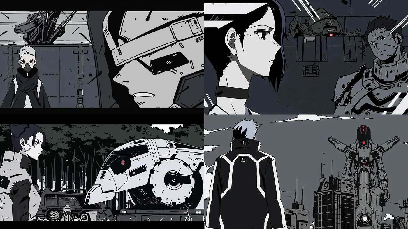 Monochromatic Cyberpunk: An Anime-Inspired Visual Journey - Midjourney sref style
