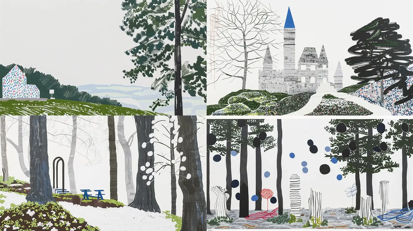 Stylized Idyllic Landscapes with Consistent Motifs and Mixed Media Textures - Midjourney sref style
